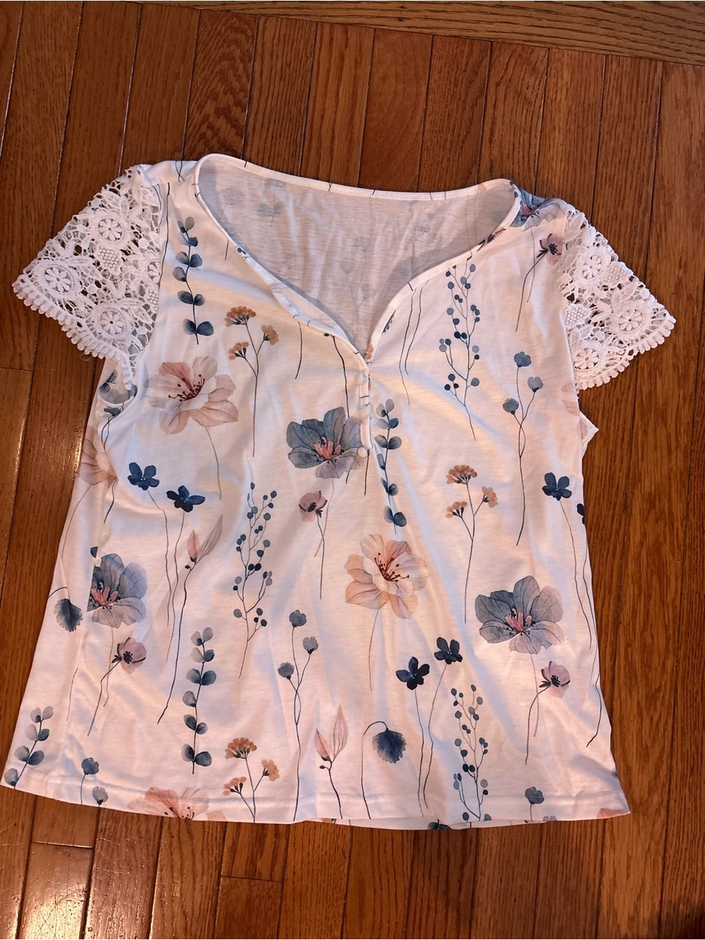 Floral Lace Sleeve Women’s Top - White with Blue & Pink Floral